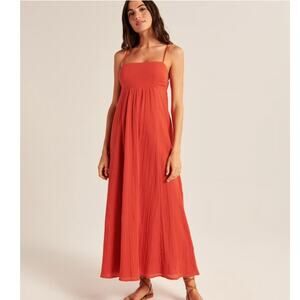 Abercrombie & Fitch Babydoll Maxi Dress Red Orange Gauzey Lined Square Neck sz M